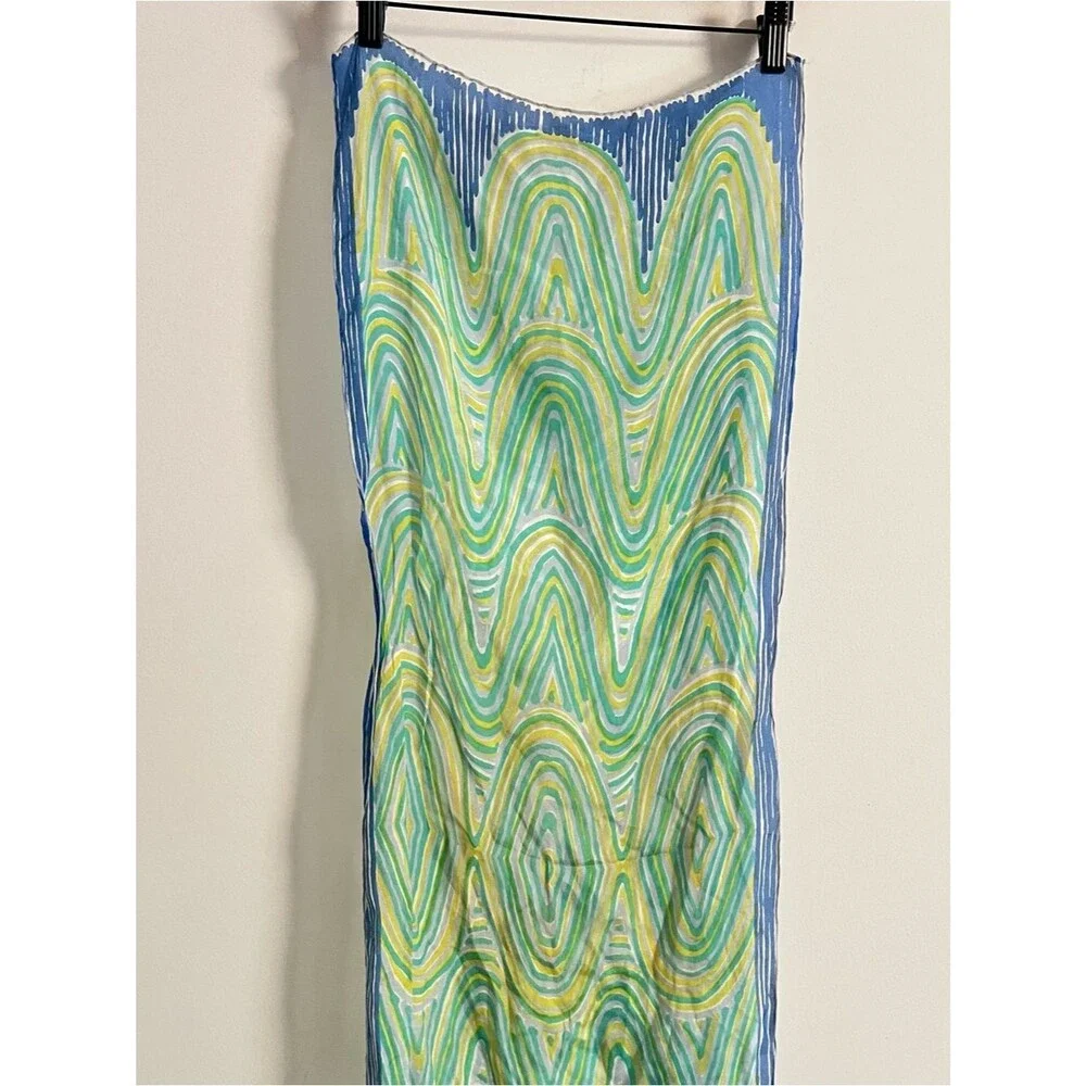 Vintage Veratepe Silk Rayon Abstract Wave Scarf Handmade in Japan Blue Green Ret